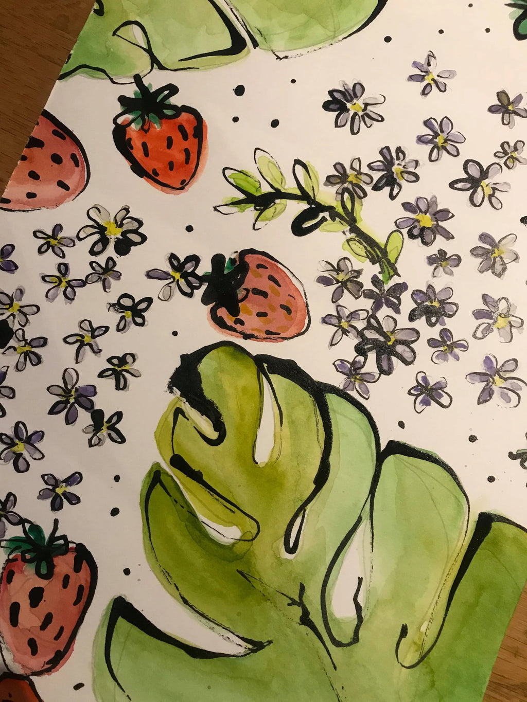 Strawberries and Monstera